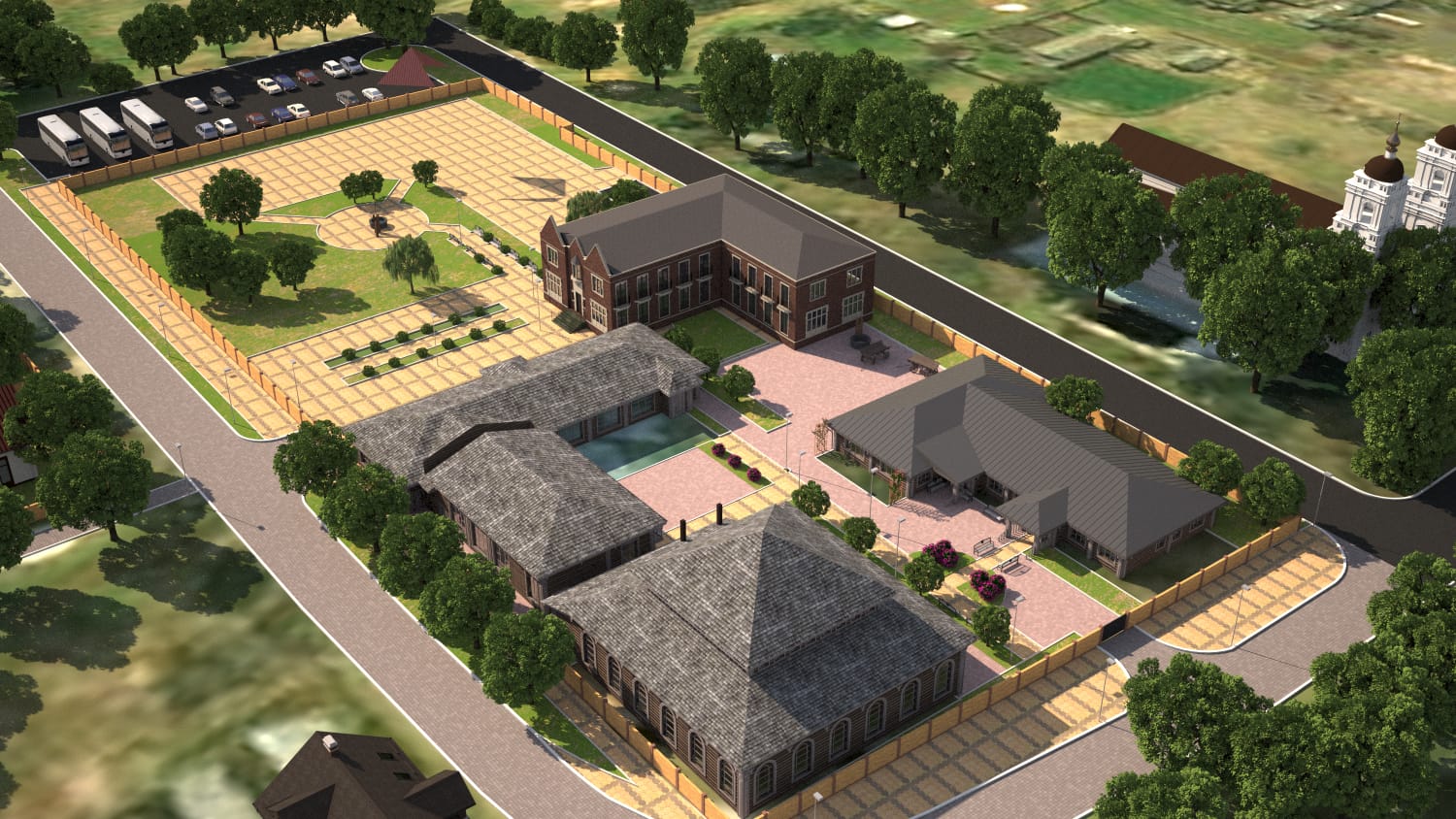 Architectural render — street-level view of the Lubavitch complex buildings
